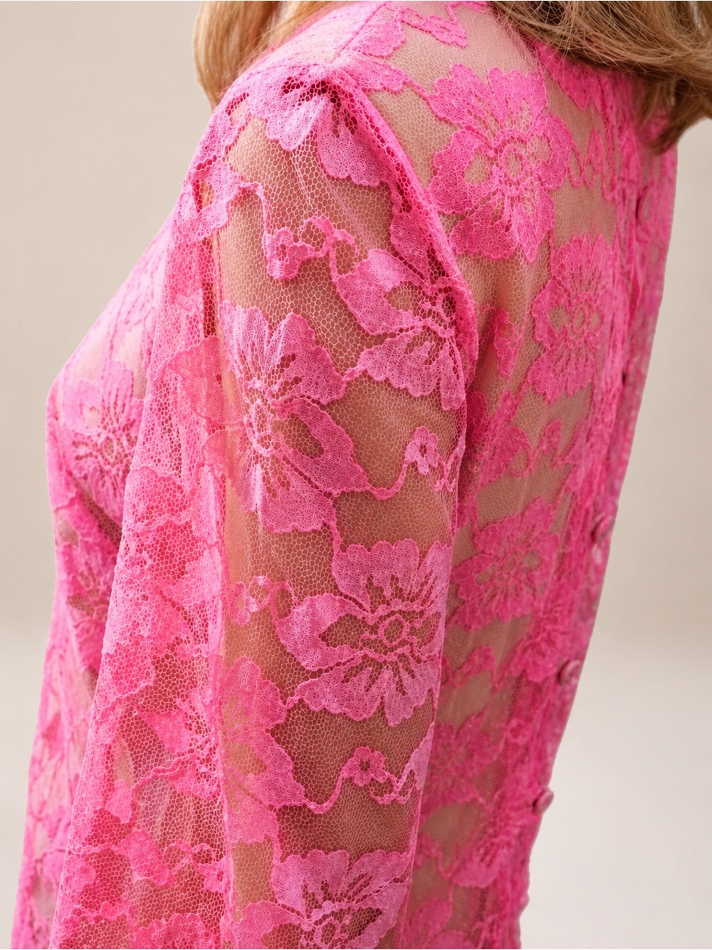 Vintage 60s Hot Pink Floral Lace Shift Mini Dress Sheer Bell Sleeve Slip XS / S - Picture 6 of 17